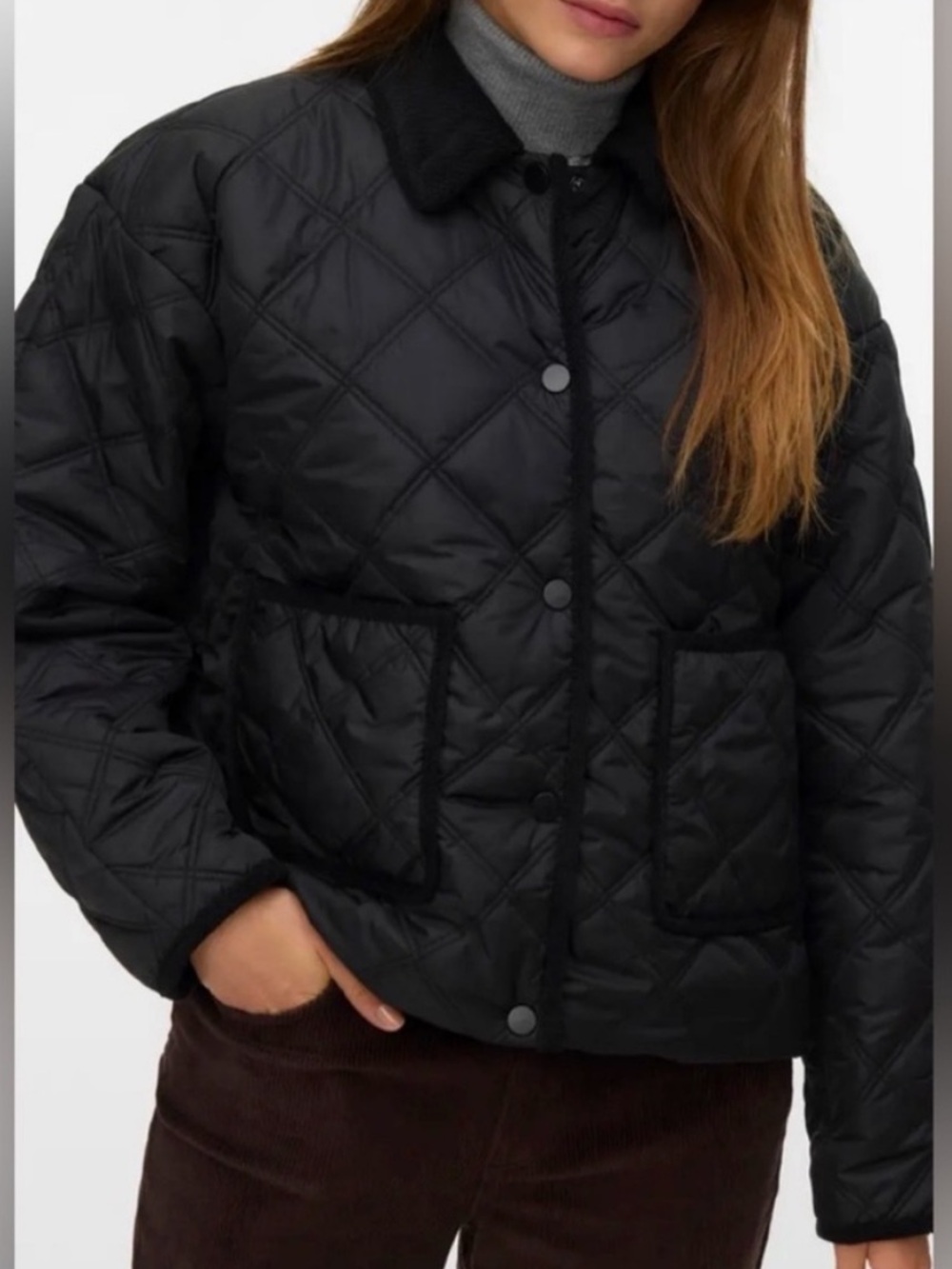 G.H. Bass Medium Jacket Quilted Barn patch pockets corduroy collar in black NWT